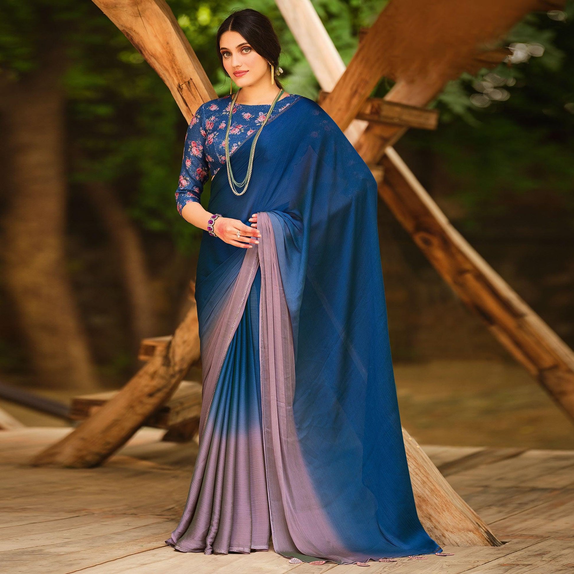 Blue Solid Chiffon Saree