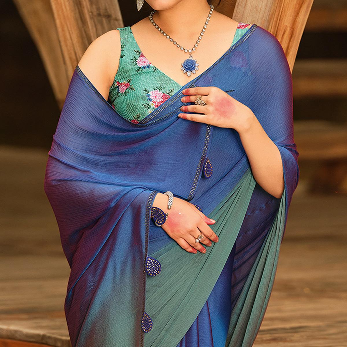 Blue Solid Chiffon Saree
