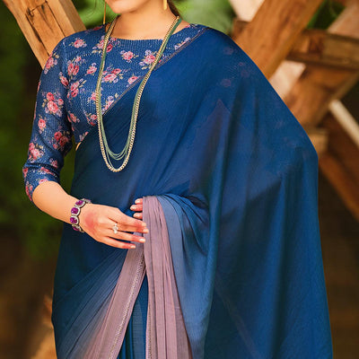 Blue Solid Chiffon Saree