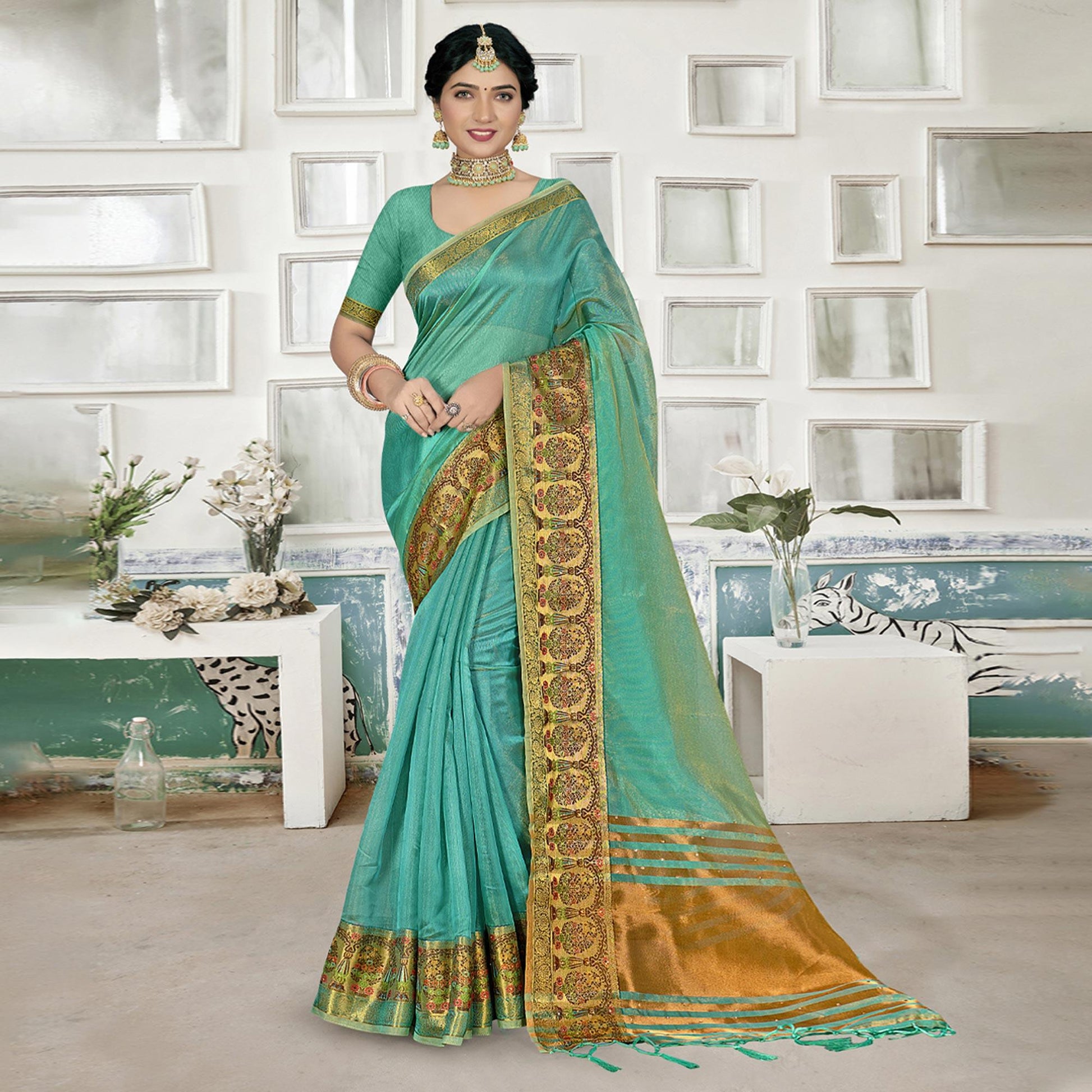 Blue Solid Organza Saree