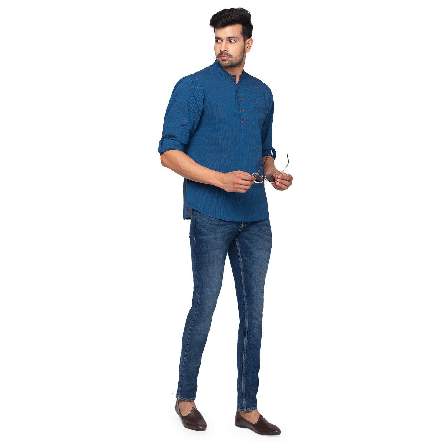 Blue Solid Pure Cotton Short Kurta