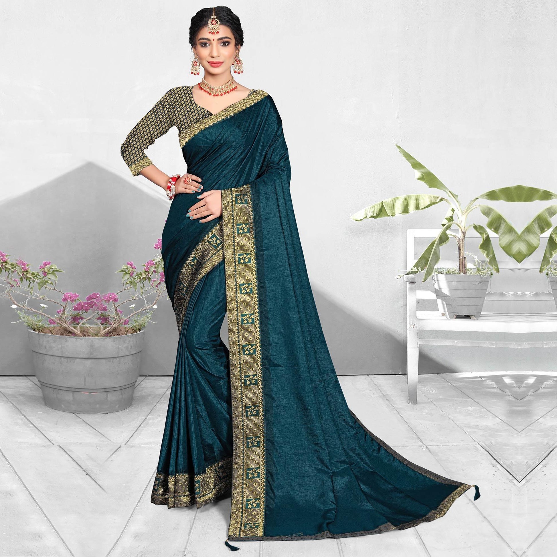 Blue Solid Vichitra Silk Saree