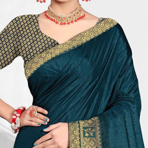 Blue Solid Vichitra Silk Saree