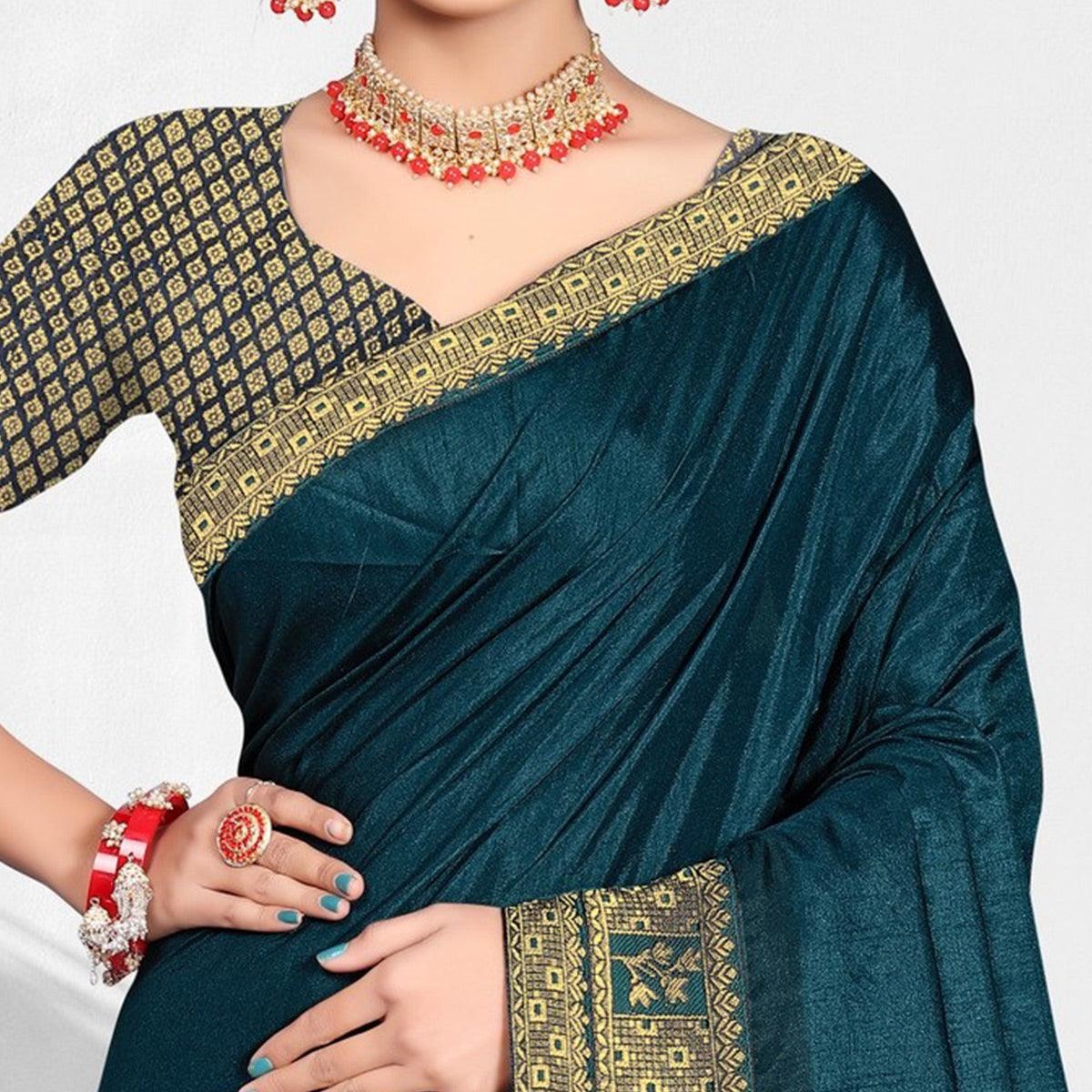 Blue Solid Vichitra Silk Saree