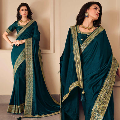 Blue Solid Vichitra Silk Saree With Tassels