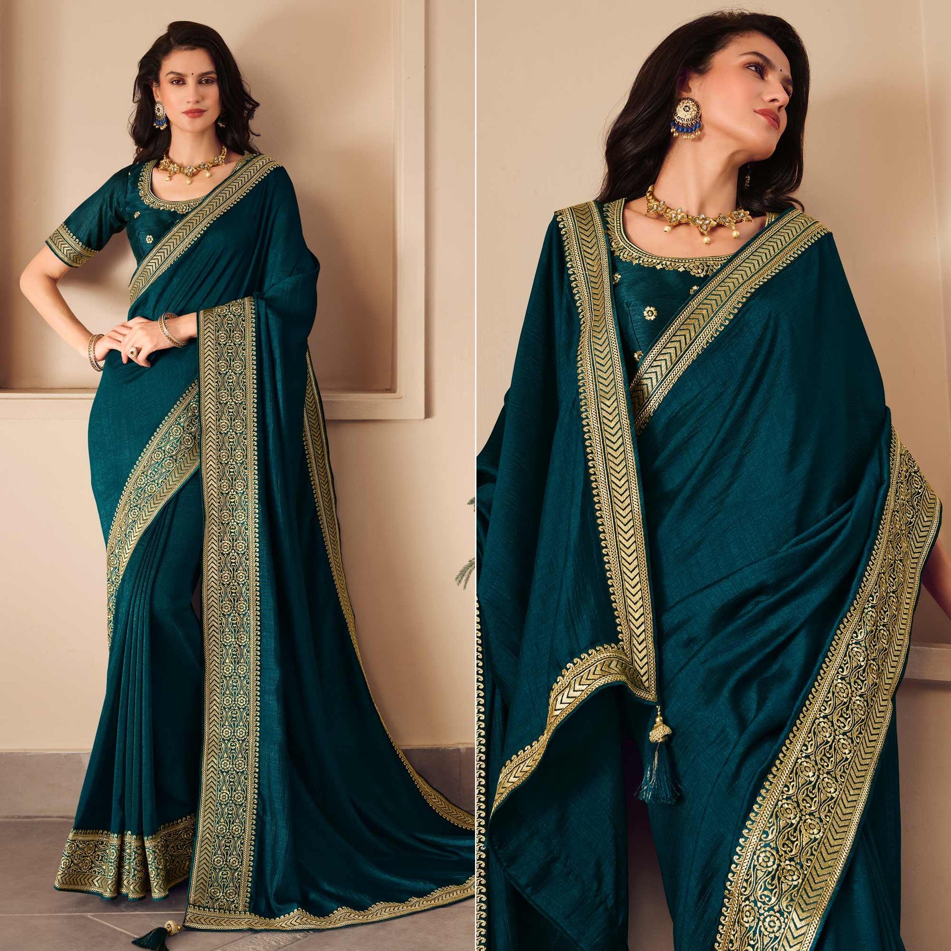 Blue Solid Vichitra Silk Saree With Tassels