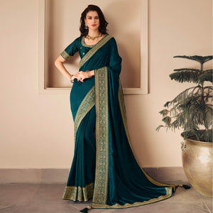 Blue Solid Vichitra Silk Saree With Tassels