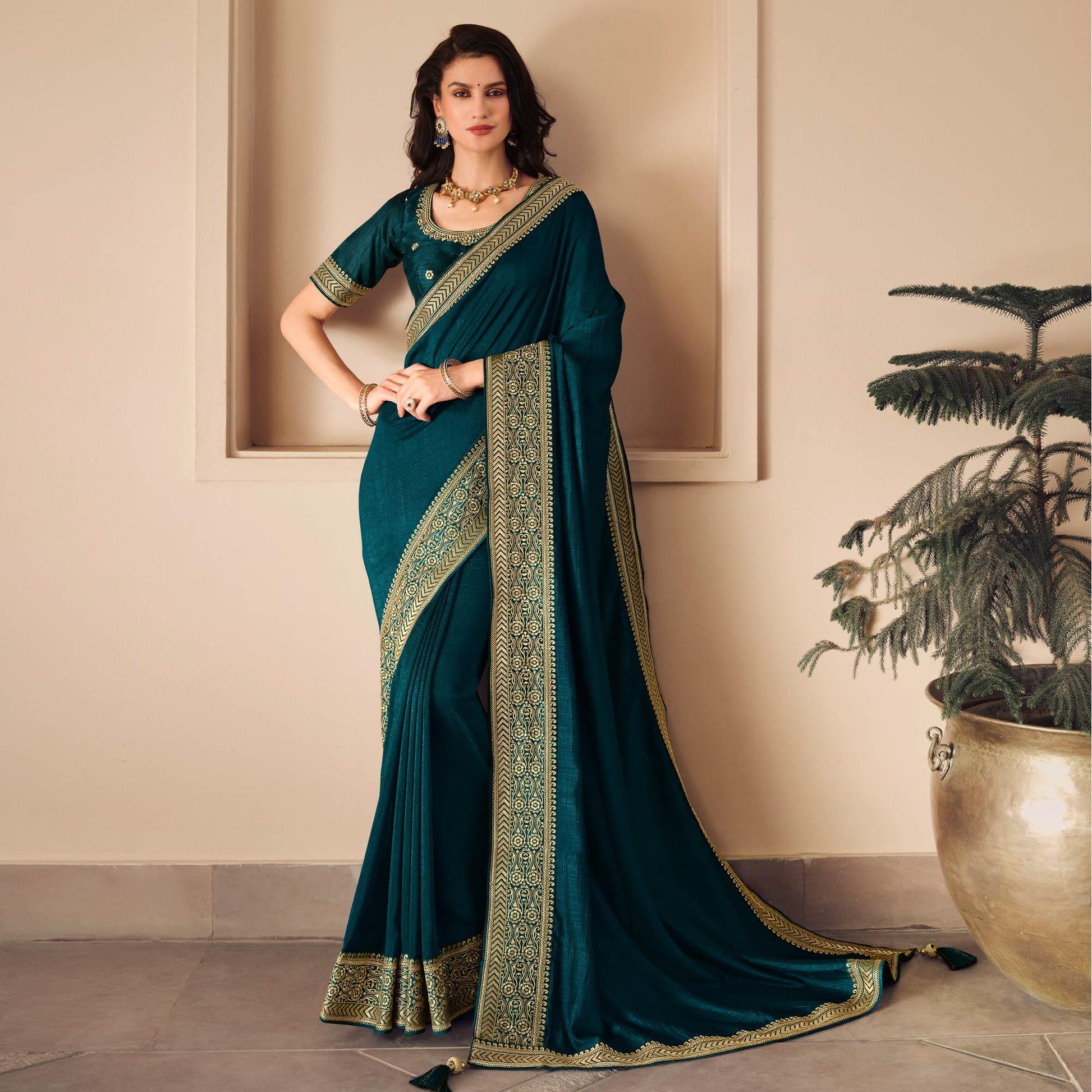 Blue Solid Vichitra Silk Saree With Tassels