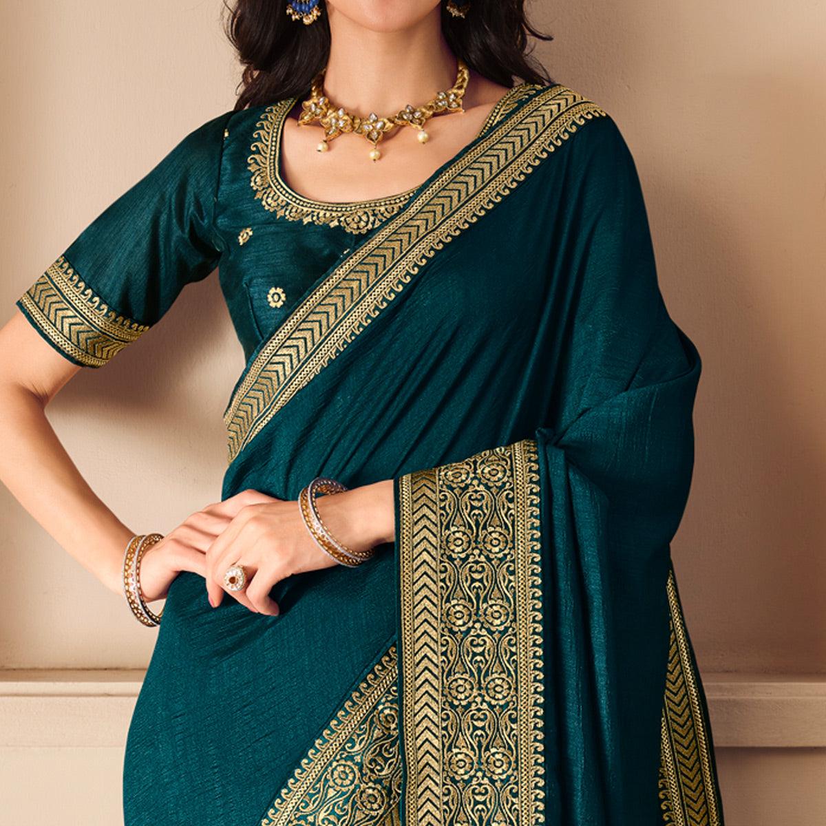 Blue Solid Vichitra Silk Saree With Tassels