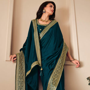 Blue Solid Vichitra Silk Saree With Tassels
