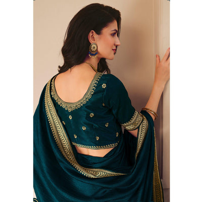 Blue Solid Vichitra Silk Saree With Tassels