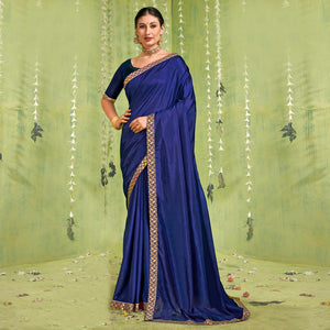 Blue Solid With Fancy Border Vichitra Silk Saree