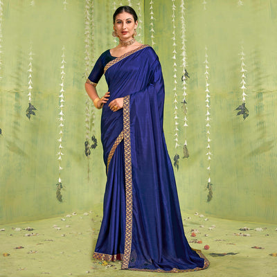 Blue Solid With Fancy Border Vichitra Silk Saree