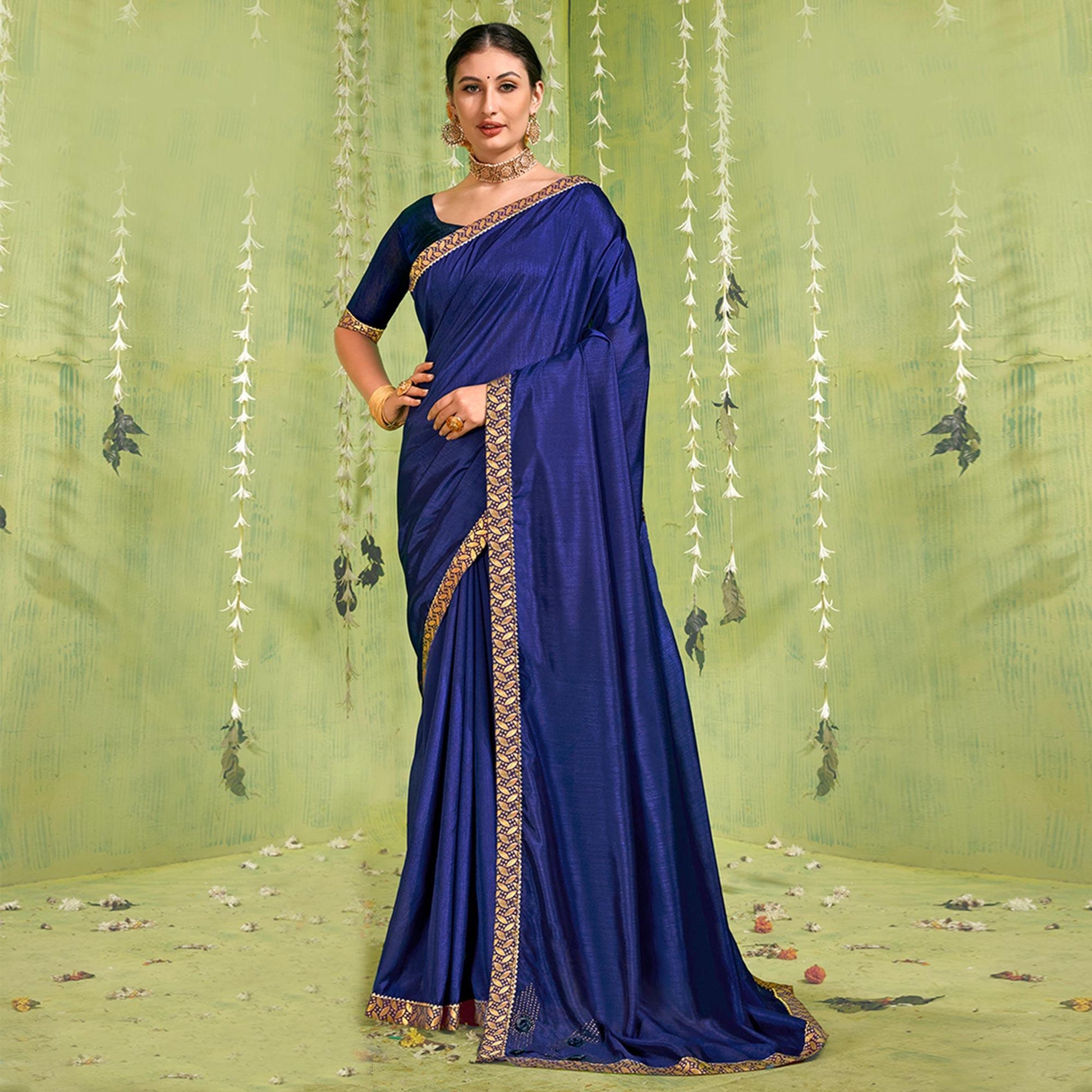 Blue Solid With Fancy Border Vichitra Silk Saree