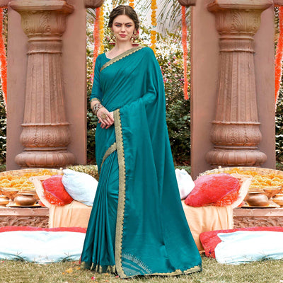 Blue Solid With Fancy Border Vichitra Silk Saree