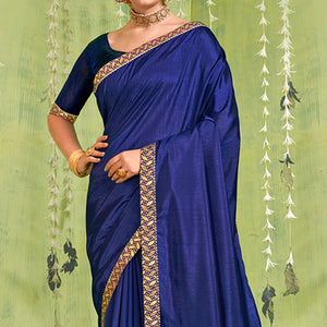 Blue Solid With Fancy Border Vichitra Silk Saree