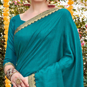 Blue Solid With Fancy Border Vichitra Silk Saree