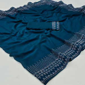Blue Solid With Sequins Work Chiffon Saree