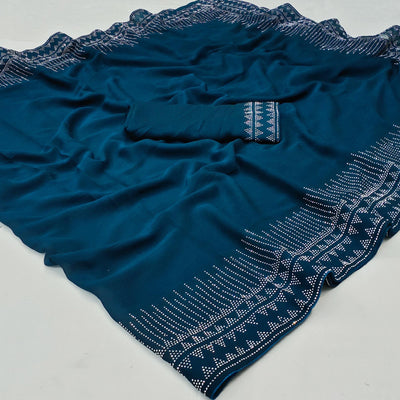 Blue Solid With Sequins Work Chiffon Saree
