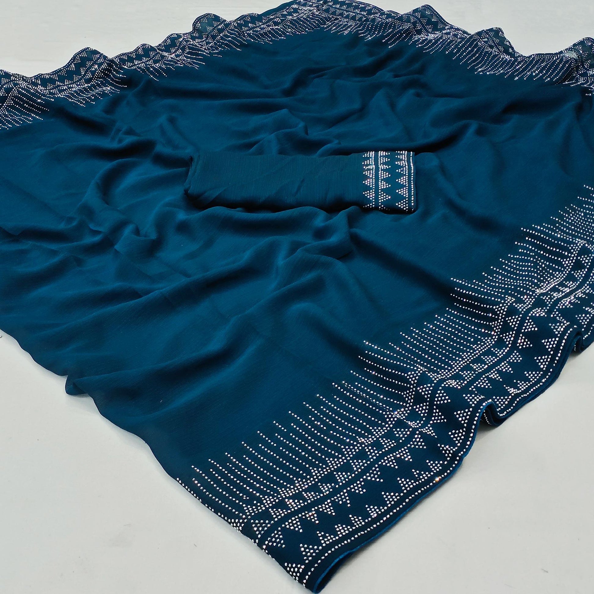 Blue Solid With Sequins Work Chiffon Saree
