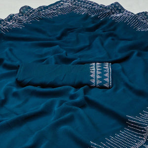 Blue Solid With Sequins Work Chiffon Saree