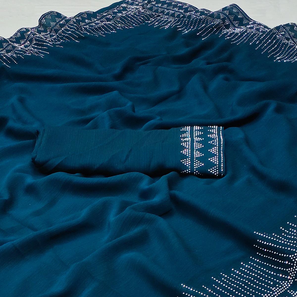 Blue Solid With Sequins Work Chiffon Saree