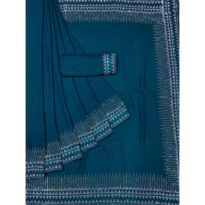 Blue Solid With Sequins Work Chiffon Saree