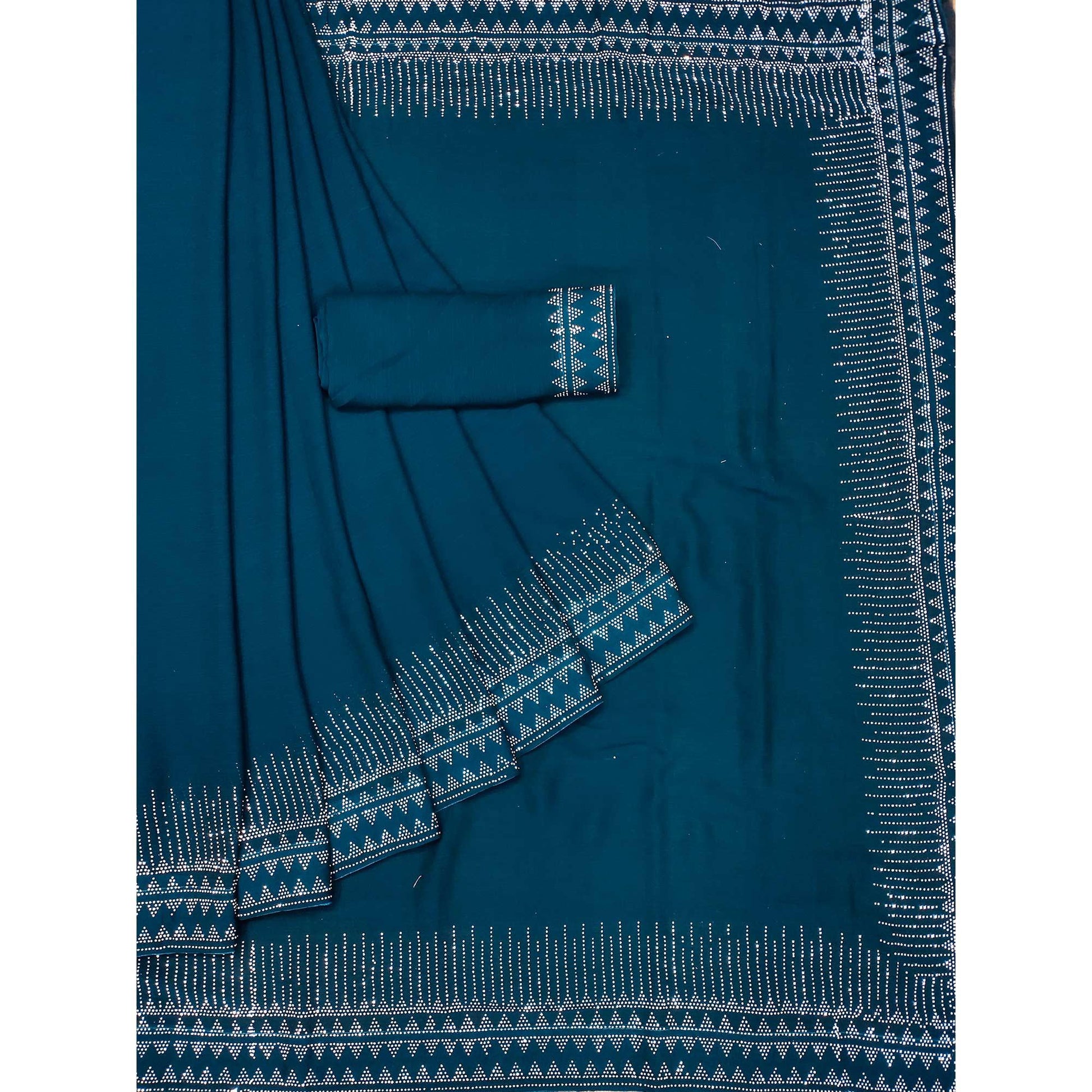 Blue Solid With Sequins Work Chiffon Saree