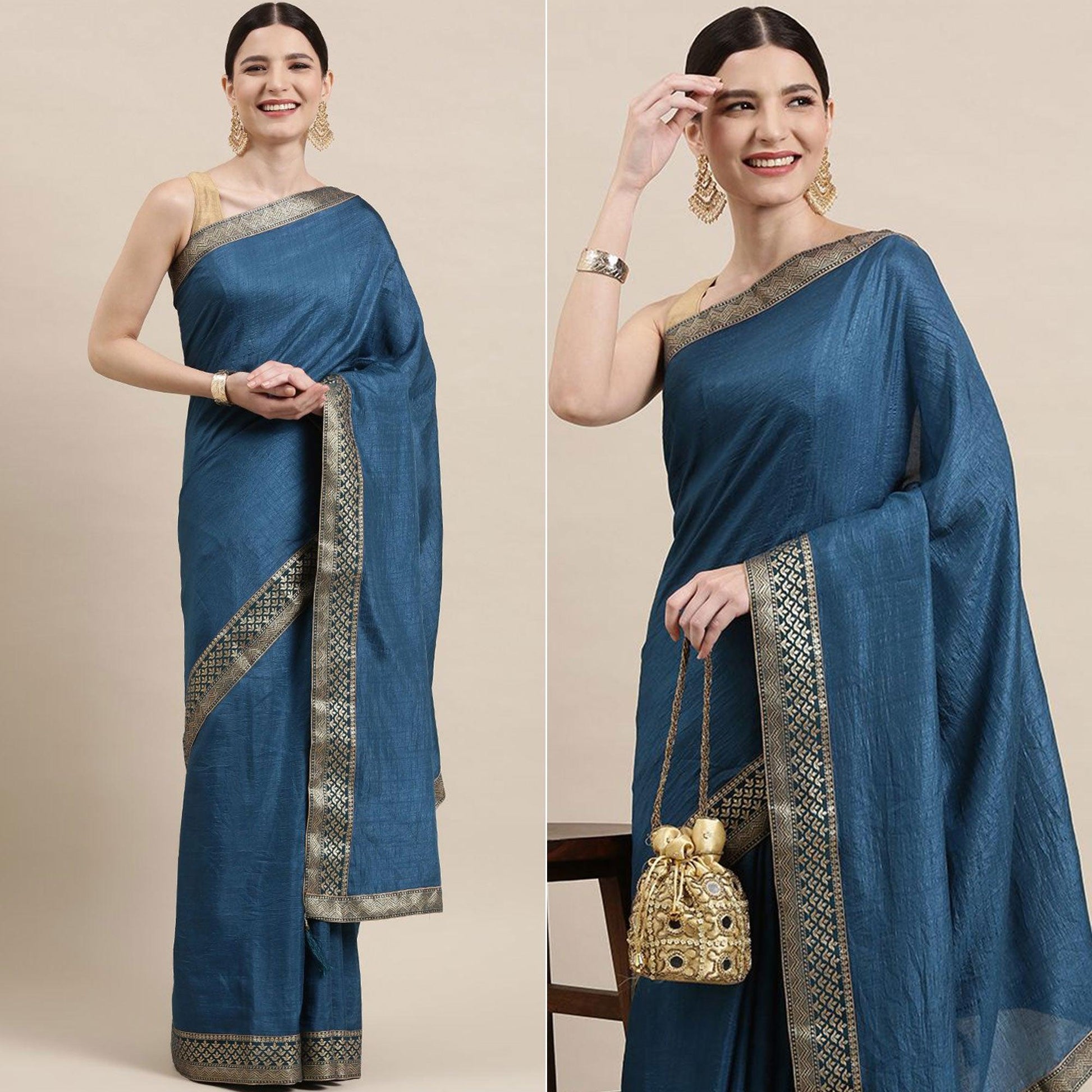 Blue Solid With Woven Border Vichitra Silk Saree