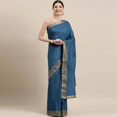 Blue Solid With Woven Border Vichitra Silk Saree