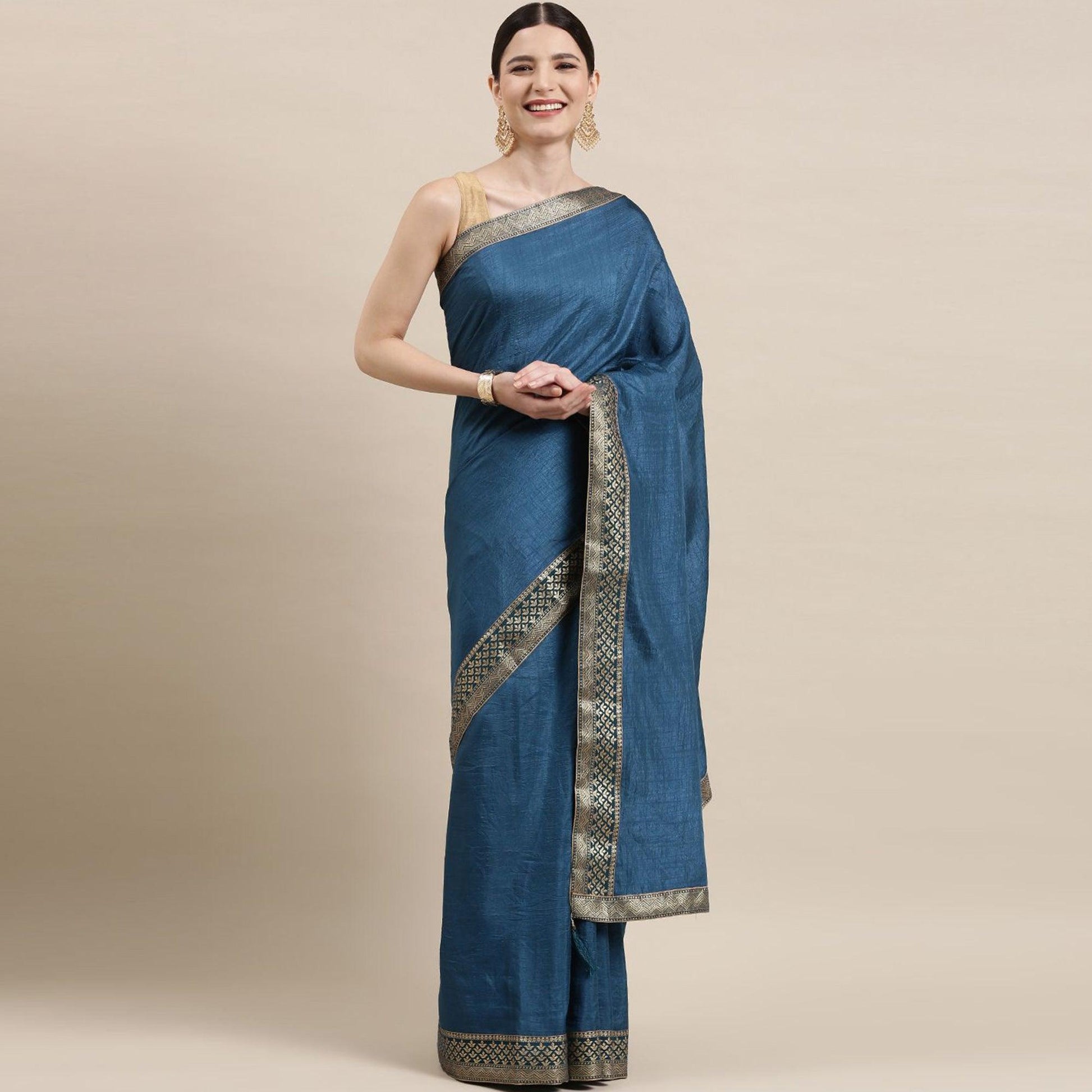 Blue Solid With Woven Border Vichitra Silk Saree