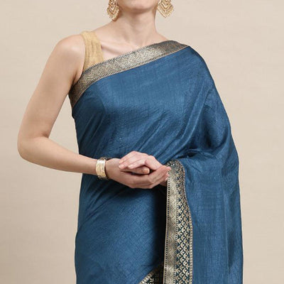 Blue Solid With Woven Border Vichitra Silk Saree