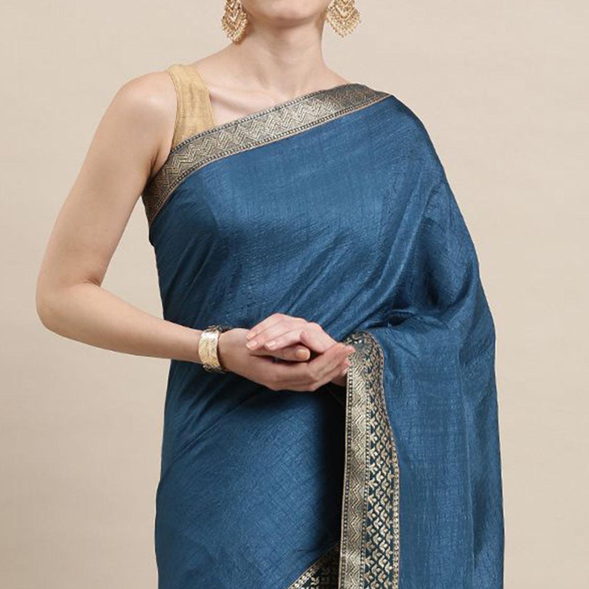Blue Solid With Woven Border Vichitra Silk Saree