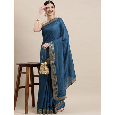 Blue Solid With Woven Border Vichitra Silk Saree