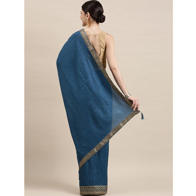 Blue Solid With Woven Border Vichitra Silk Saree