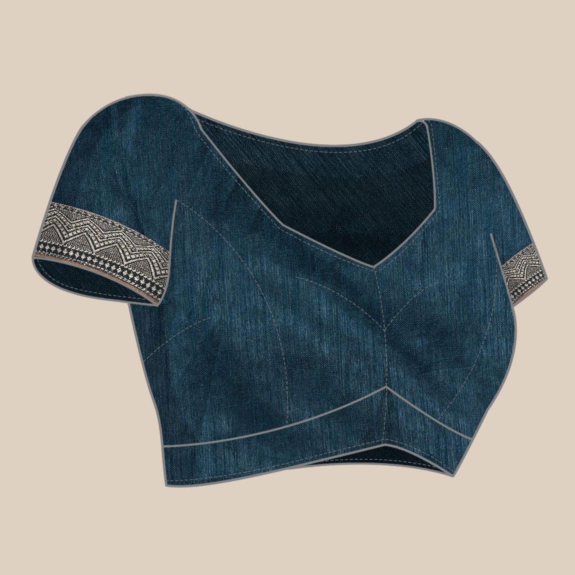 Blue Solid With Woven Border Vichitra Silk Saree