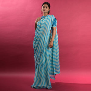 Blue Stripe Printed Chiffon Saree