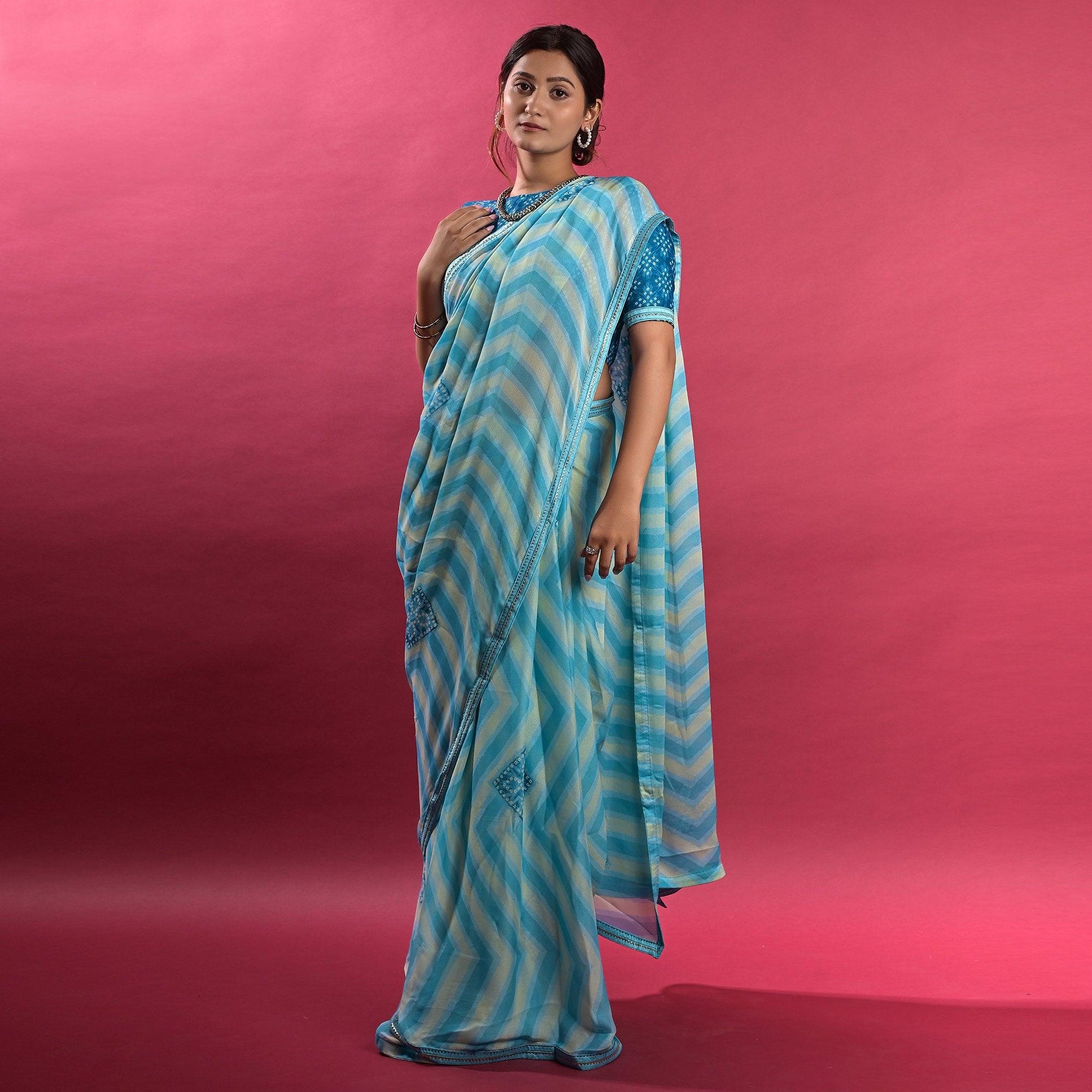 Blue Stripe Printed Chiffon Saree