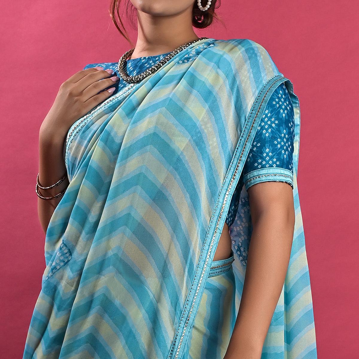Blue Stripe Printed Chiffon Saree