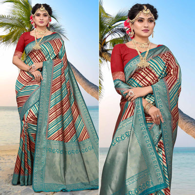 Blue Stripe Printed Pure Silk Saree