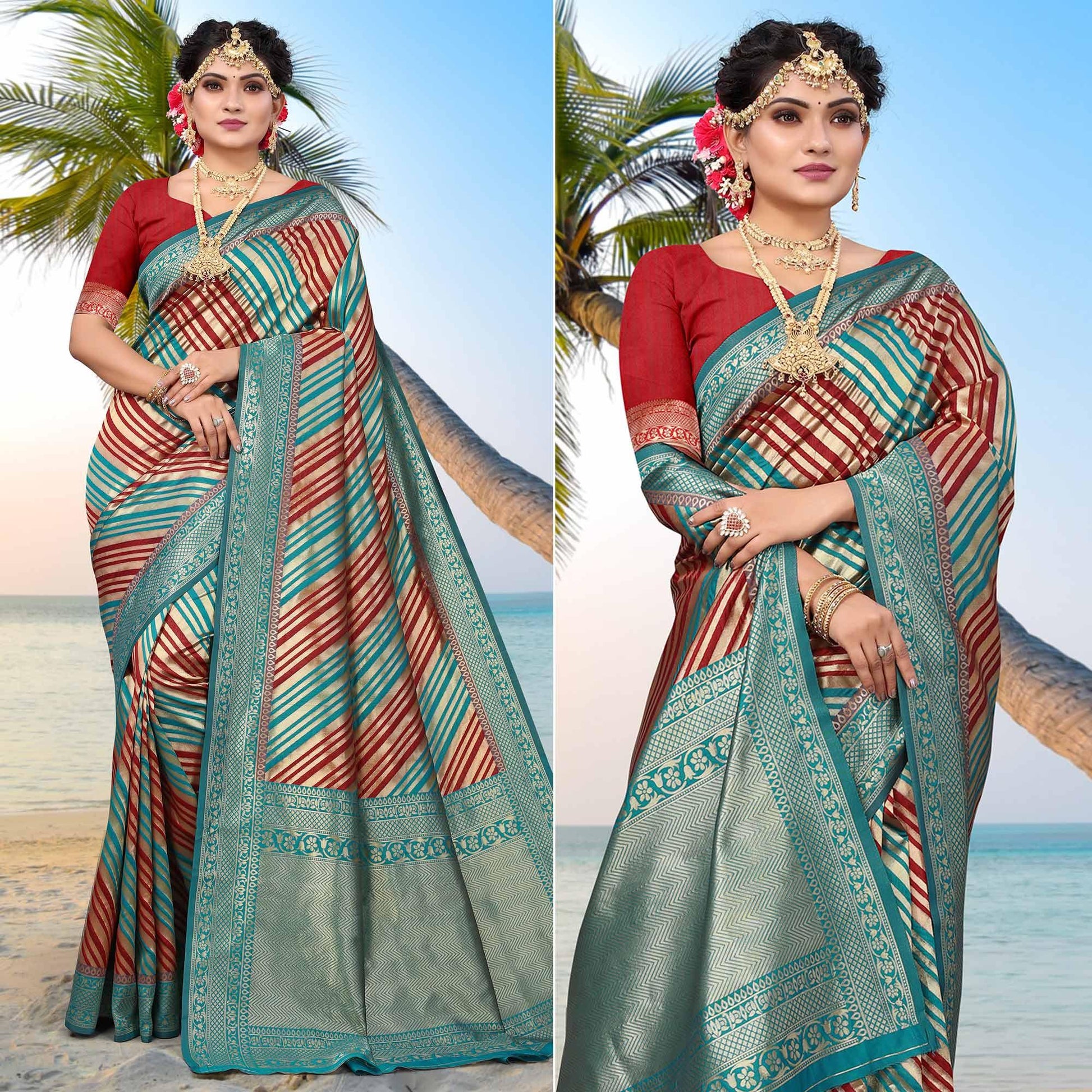Blue Stripe Printed Pure Silk Saree