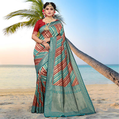 Blue Stripe Printed Pure Silk Saree