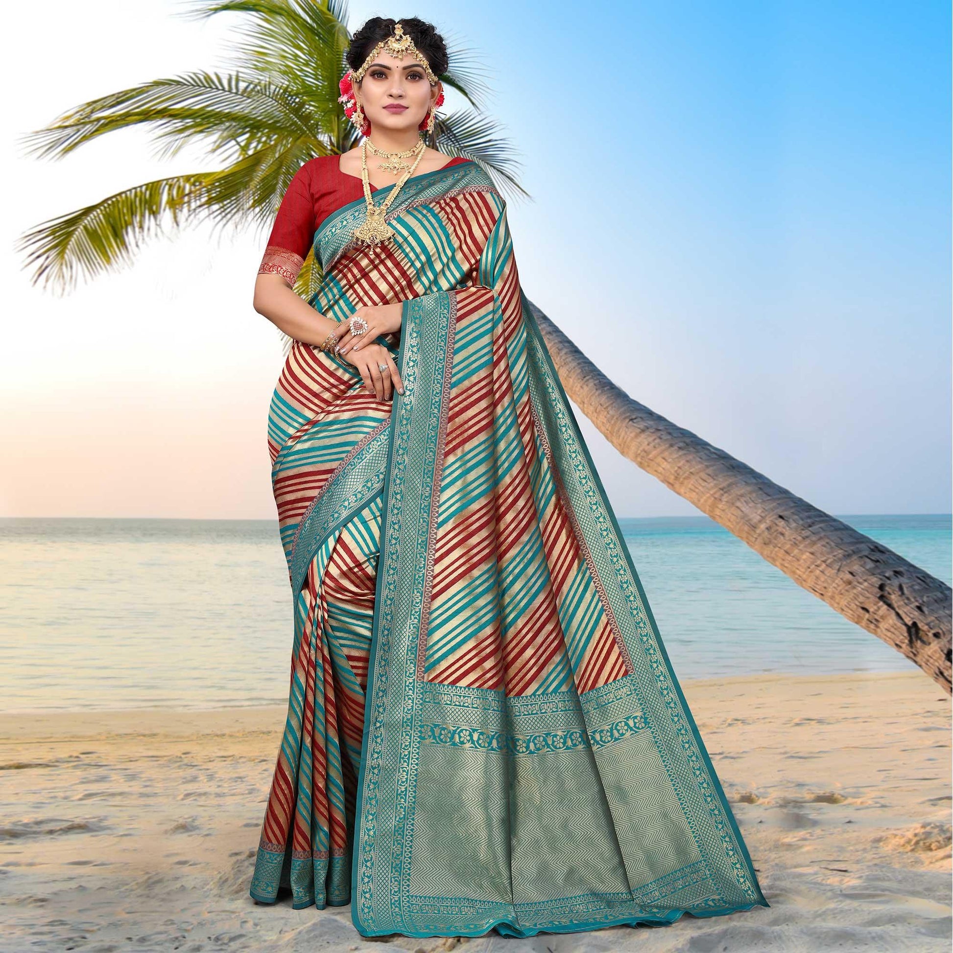 Blue Stripe Printed Pure Silk Saree