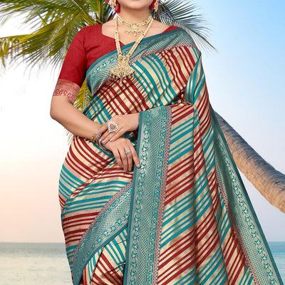 Blue Stripe Printed Pure Silk Saree