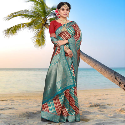 Blue Stripe Printed Pure Silk Saree