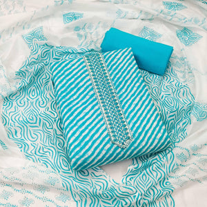 Blue Stripe Printed With Embroidered Cotton Blend Dress Material