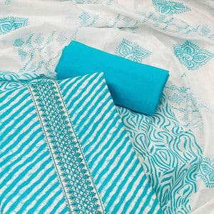 Blue Stripe Printed With Embroidered Cotton Blend Dress Material