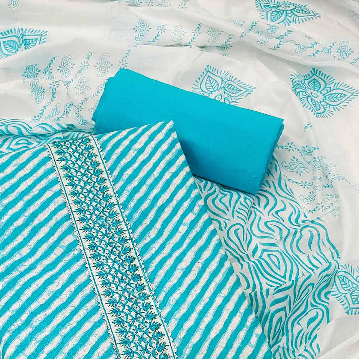 Blue Stripe Printed With Embroidered Cotton Blend Dress Material