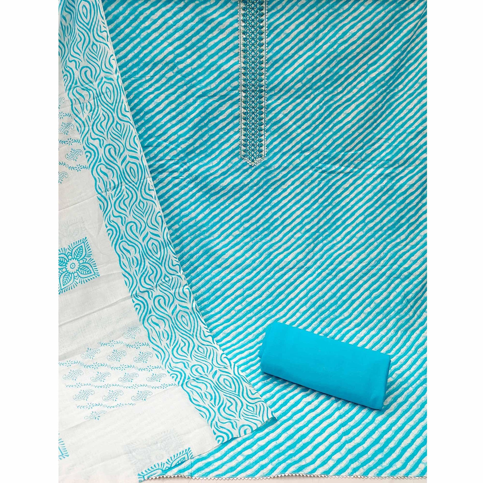Blue Stripe Printed With Embroidered Cotton Blend Dress Material