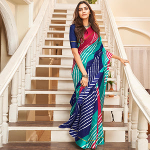 Blue Striped Printed Kota Doria Saree